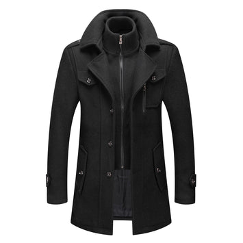INVACHI Men's Wool Blend Coat Double Collar Trench Coat Single Breasted Overcoat for Autumn Winter